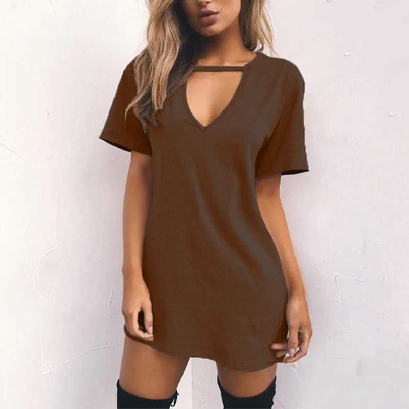 Faroonee 2020 Women Solid Color Loose Mini Dress Summer Classic V Neck Short Sleeve High Waist Hollow Slim Female Fashion | Женская