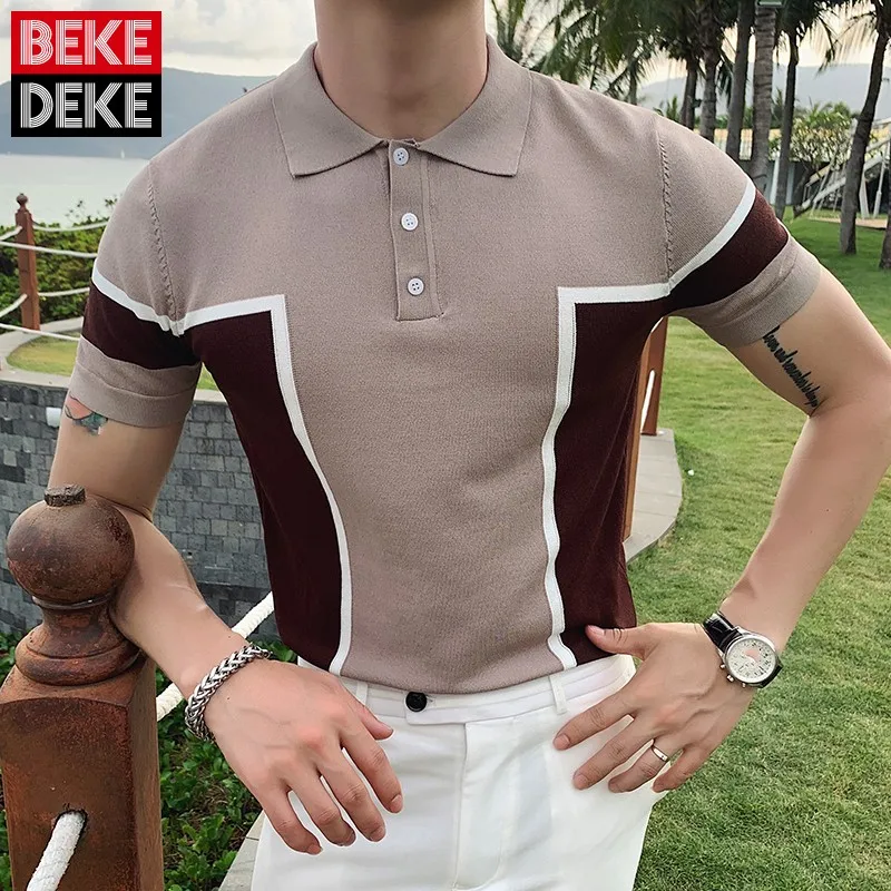 

2021 Summer New Mens Korean Style Turn-Down Collar Vintage Pullover Slim Mixed Colors Fashion Short Sleeve Casual T-Shirts