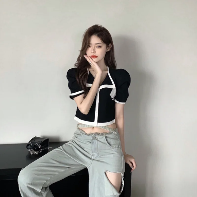 

PEONY Summer Knitted T-shirt Women Short Sleeve Fashion Kawaii Slim Short Top Chic Female Sweater Cardigans Korean Buttons Top