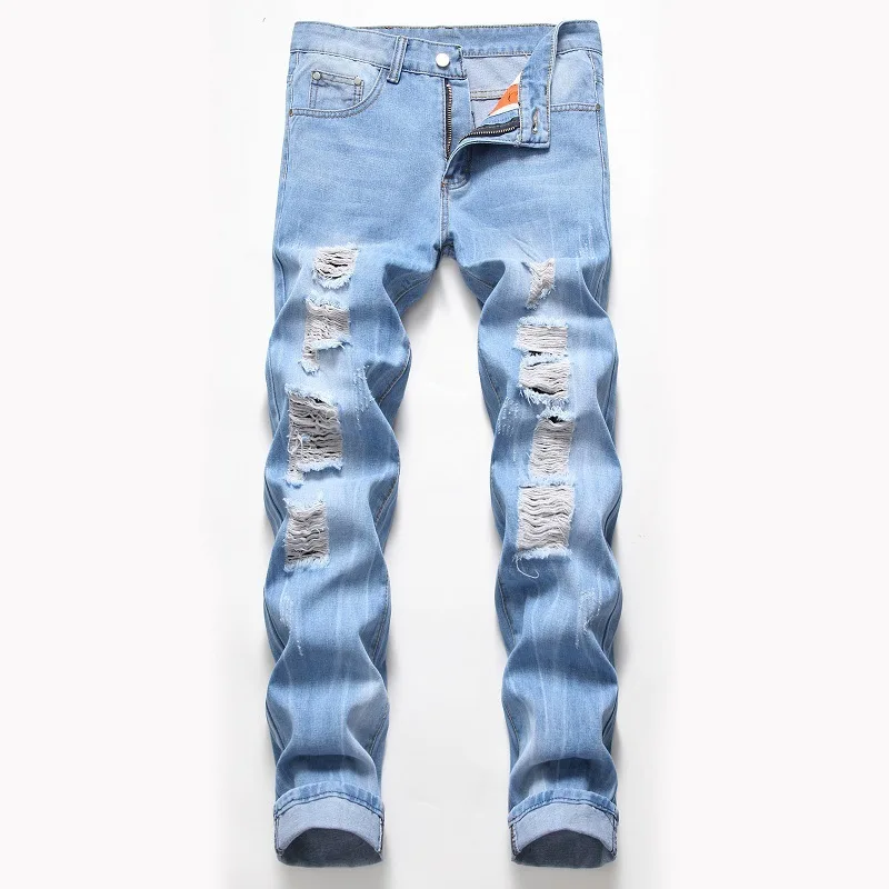 

Men's Hole-in-the-hole Jeans European and American Straight Tube Retro Pants In Four Colors