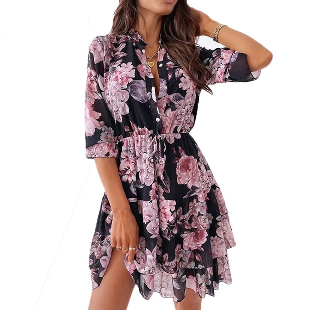 

Floral Print Ruffle Spring Dress Bohemian Half Sleeve Office A-line Party Suit Item Description:Women