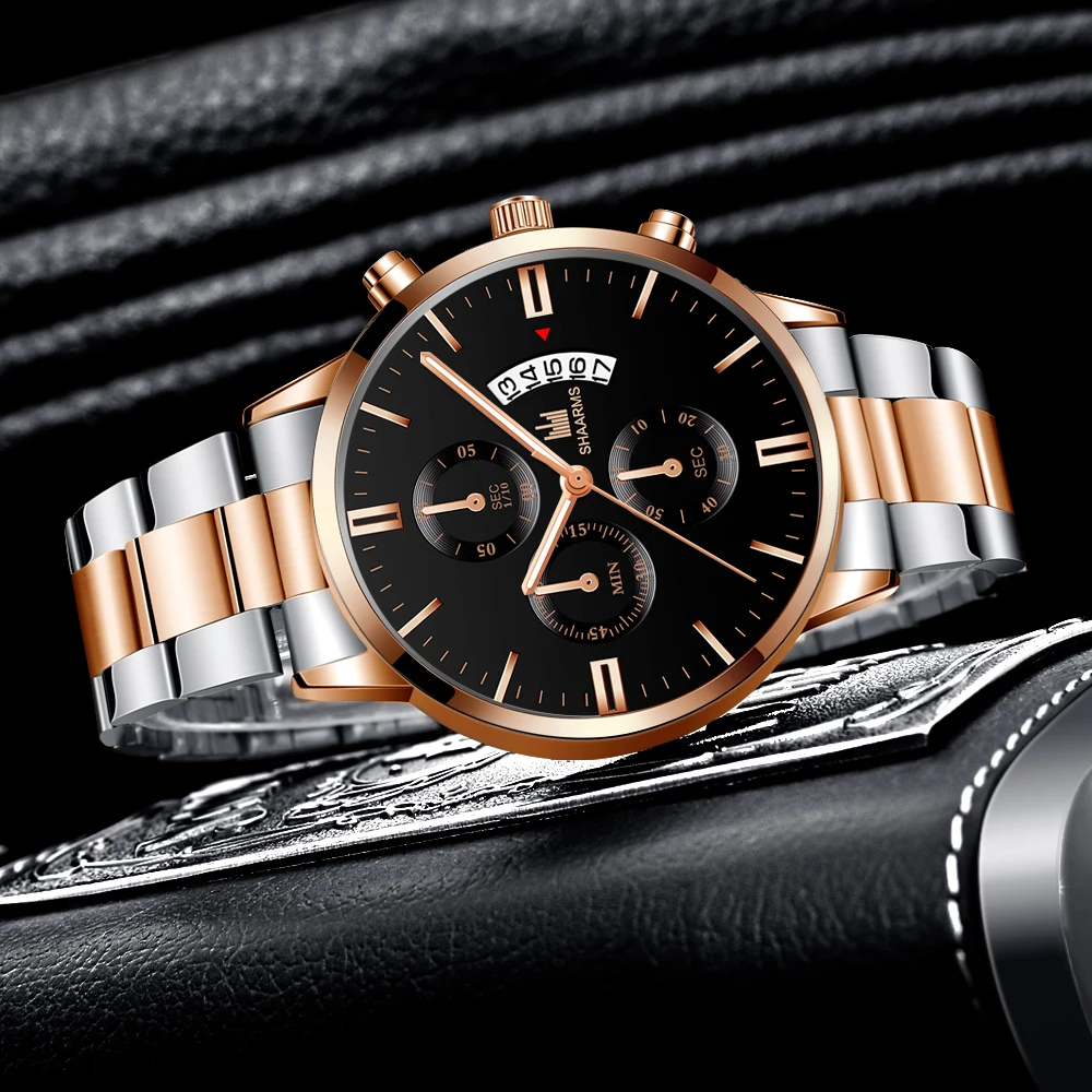 Роскошные мужские золотые часы деловые из нержавеющей стали кварцевые Модные