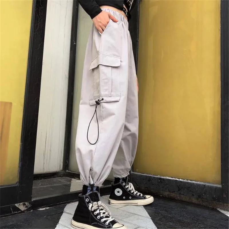 Черные корейские брюки женские летние карго в стиле хип хоп повседневные