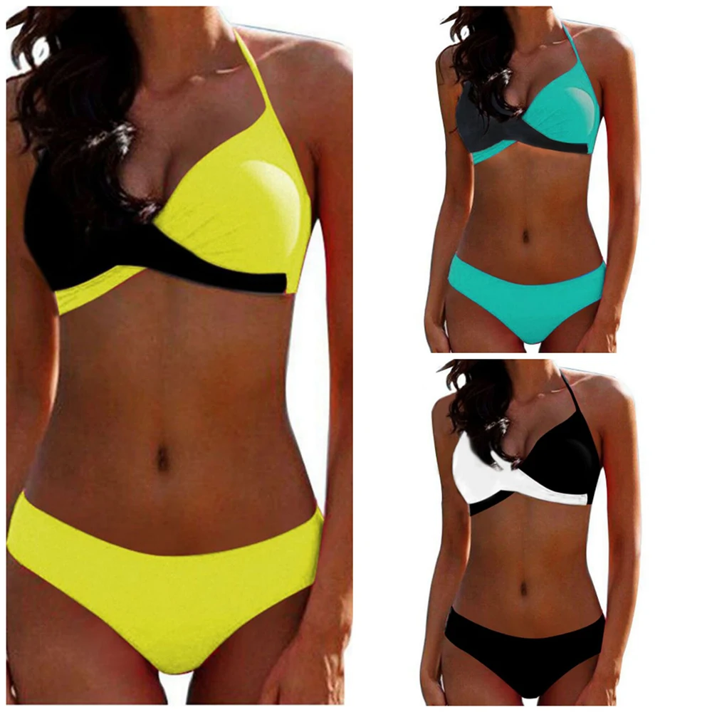 

2022 Summer New Arrival Women Sexy Bikini Set Push Up Two Piece Swimsuit Solid Color Patchwork Swimwear Brazilian Beachwear
