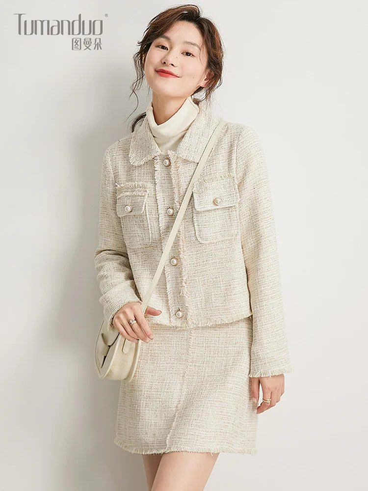 

Xiaoxiang coat female celebrity style spring and autumn Korean version loose 2021 new leisure tweed short suit skirt