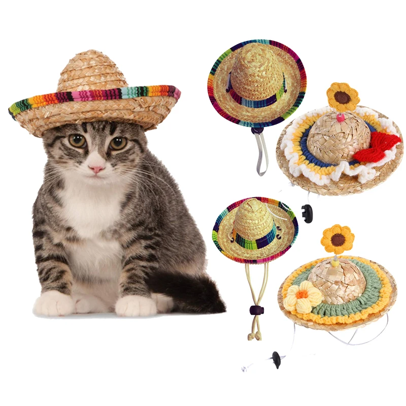 

Pet Woven Straw Hat Cat Sun Hat Sombrero For Small Dogs Cats Beach Party Straw Hat Costume Accessories Pet Dog Cat Accessories