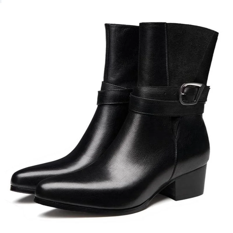 Мужские ботинки из натуральной кожи на высоком каблуке с острым носком пряжкой