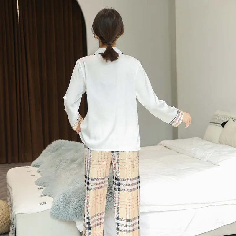 Pajamas Women's Spring and Summer Ice Silk Long Sleeve Cardigan Casual Suit Korean Cartoon Printing Silk Home Clothes Sleep Tops