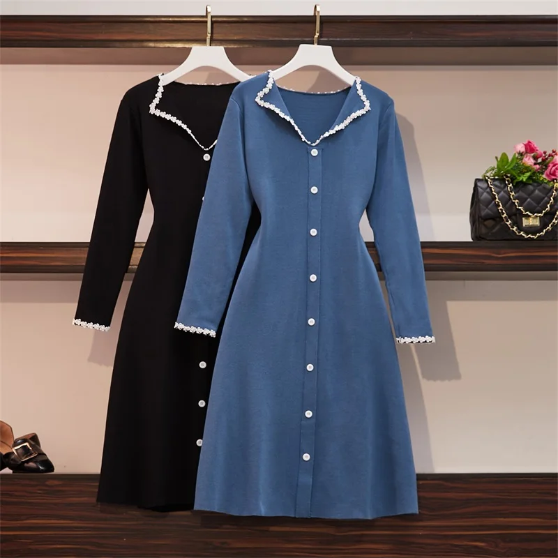 Осенне зимние женские элегантные кружевные лоскутные вязаные платья с отворотом