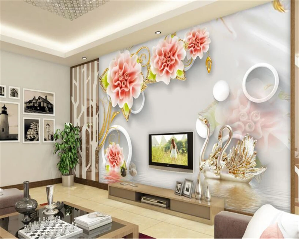 Большой пользовательский 3D стерео нефритовый резной розовый Лебедь ТВ фон для