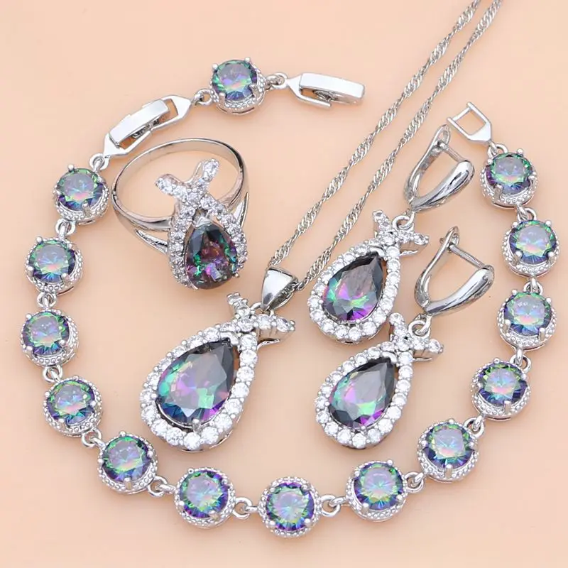 

Natural Mystic Rainbow Zircon Stone Fish Silver 925 Jewelry Sets For Women Party Earrings/Pendant/Ring/Bracelet/Necklace Set