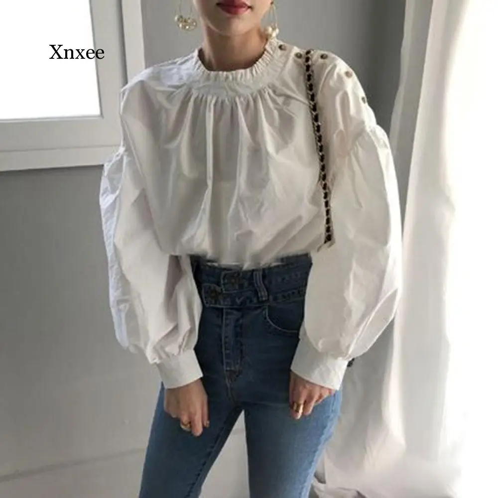 

Chic Blouse White Women 2021 New Shirt Lantern Sleeve Elegant Lady Solid Color Thin Short Fashion Casual Round Neck Spring Tops