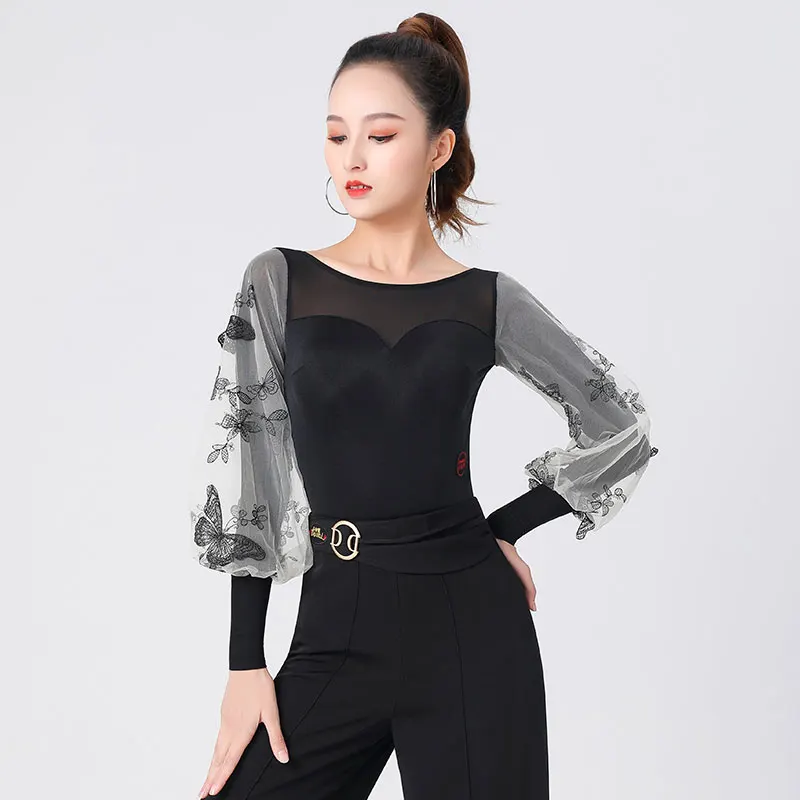 

New Fashion Latin Dance Practice Clothes Modern Women'S Long-Sleeved Mesh Red Latin Ballroom Dance Performance Clothes
