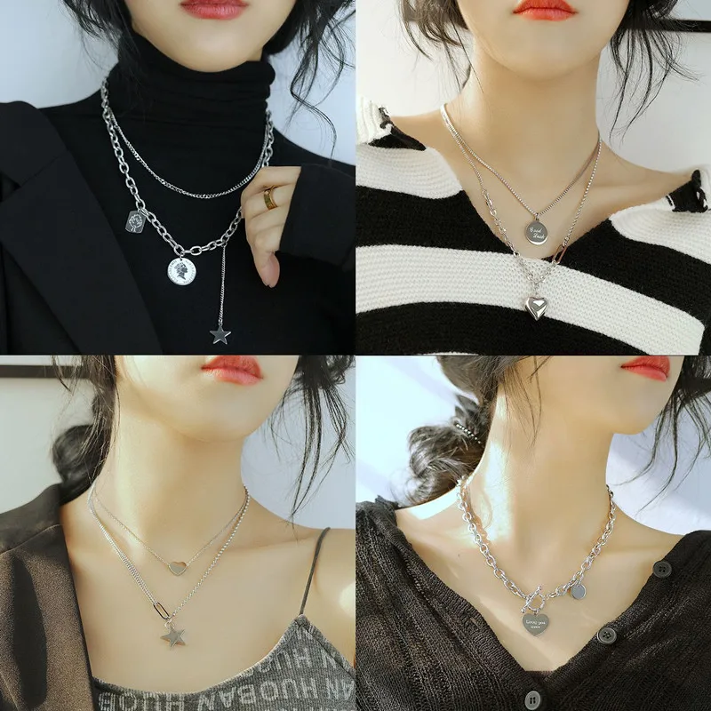 

2021 Trend Female Length 500mm Korean Fashion Titanium Steel Necklace For Women Silvery Star Pendant Jewelry 40CM 45CM 50CM