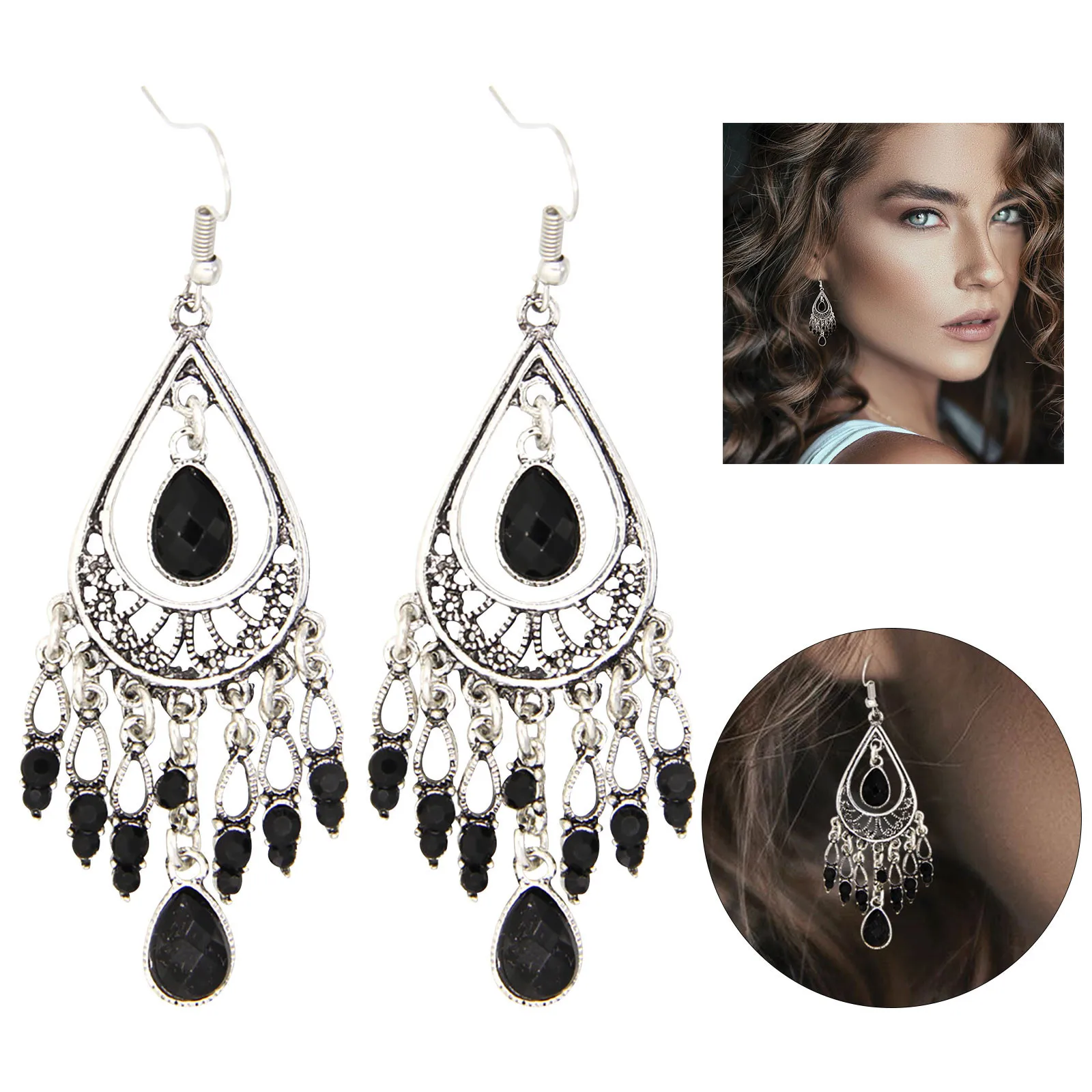 

2021 Bohemian Vintage Carved Water Drop Gemstone Tassel Earrings Pendientes Antique For Women Party Decor