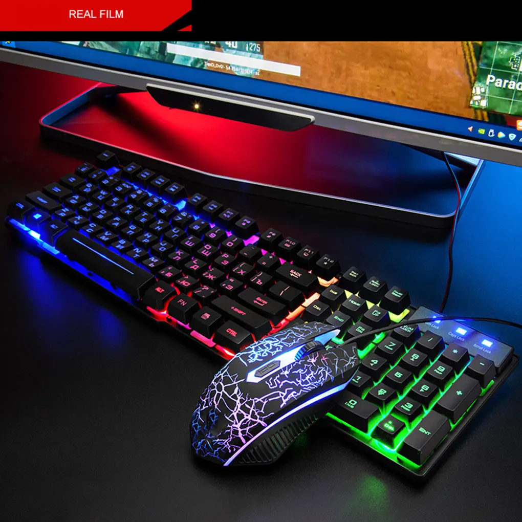 

T5 Rainbow Backlight Russian Version USB keyboard+Mouse Set Ergonomic English Russian Gaming Keyboard 1800 DPI For PC Laptop