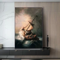 vintage canvas painting rembrandt christ in the storm on the lake poster of galilee and prints wall art picture room home decor
