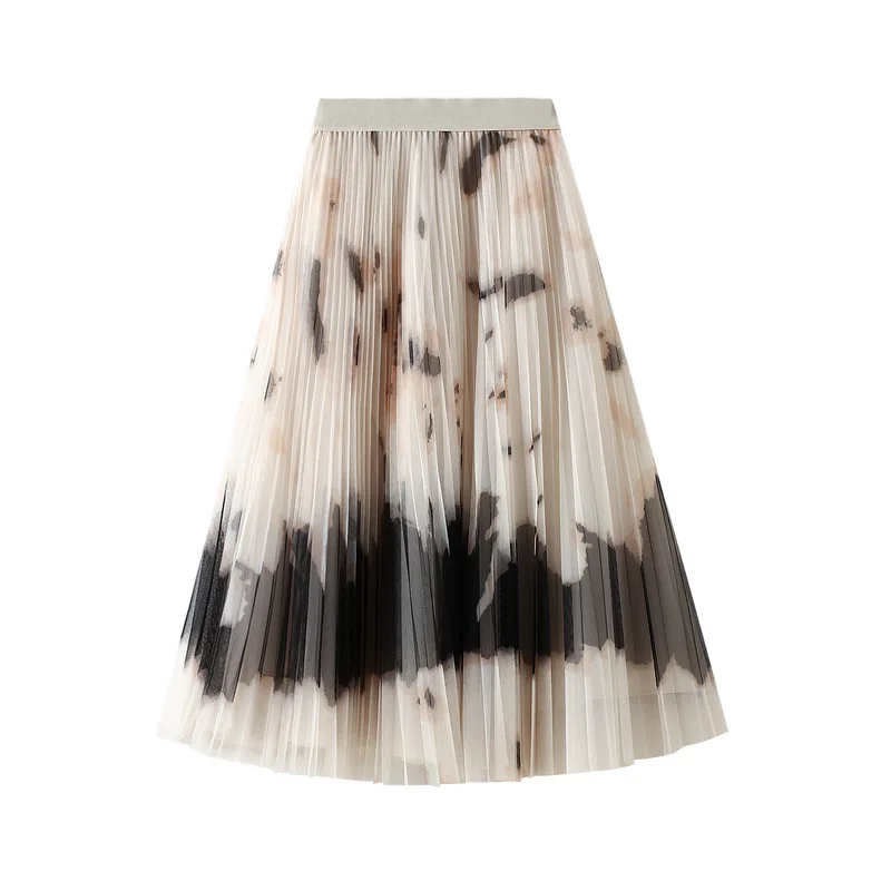 

Women Long Pleated Skirts Abstract Print Elastic Elegant A Line Chiffon High Waist Female Fashion Casual Contrast Color Clothes