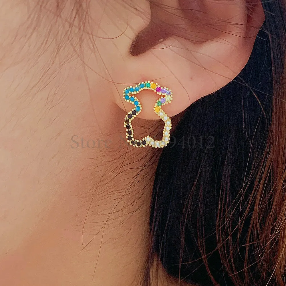 Женские Модные циркониевые классические серьги гвоздики с медведем и жемчугом