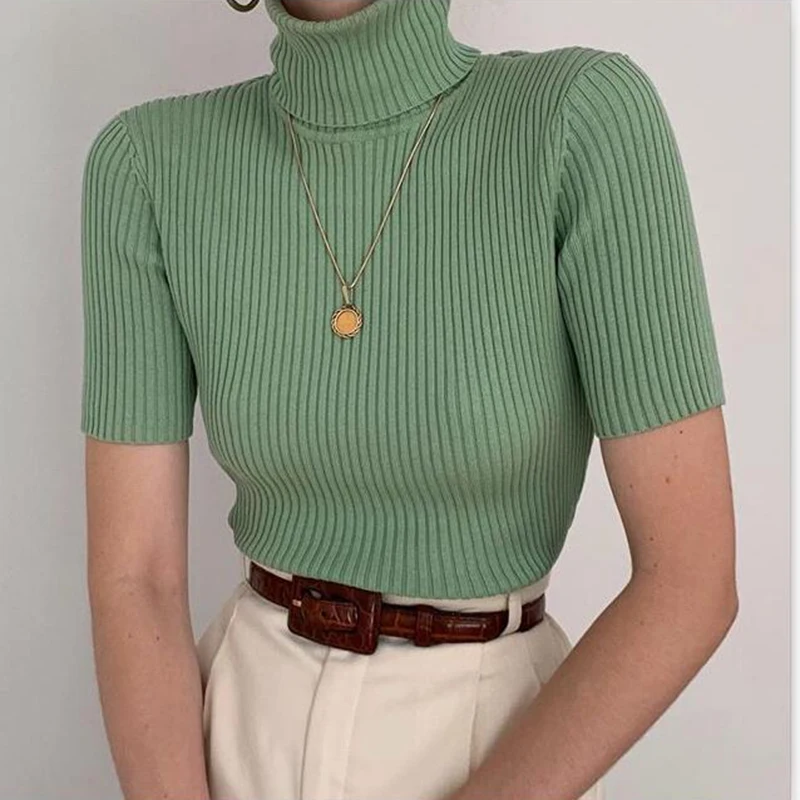 Однотонная трикотажная блузка Женский короткий рукав высокий завернутый