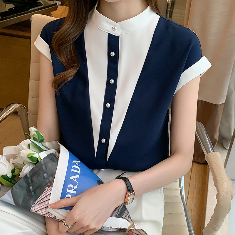 

Chikichi Contrast Stitching Short-sleeved Chiffon Shirt Women 2021 Summer New Loose Korean Fashion Top Button Up Shirt