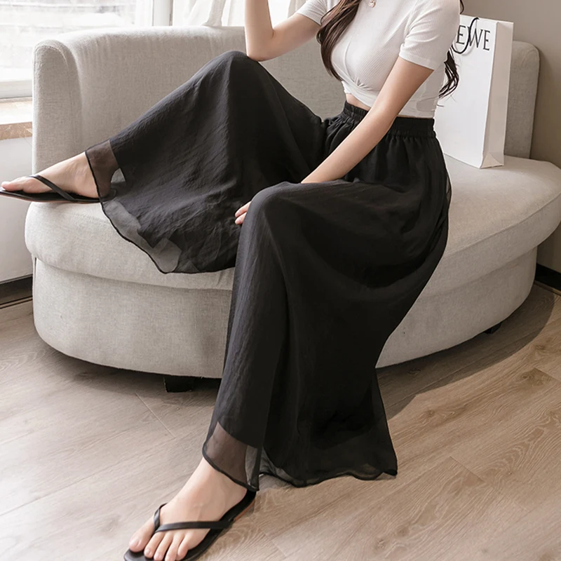 

Limiguyue Summer Double Layer Chiffon Pants Solid Thin Casual Vintage Loose Harajuku Women Trousers Fashion Wide Leg Pants K1614