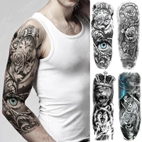 large arm sleeve tattoo rose gear clock eye waterproof temporary tatto sticker lion wolf king body art full fake tatoo women men