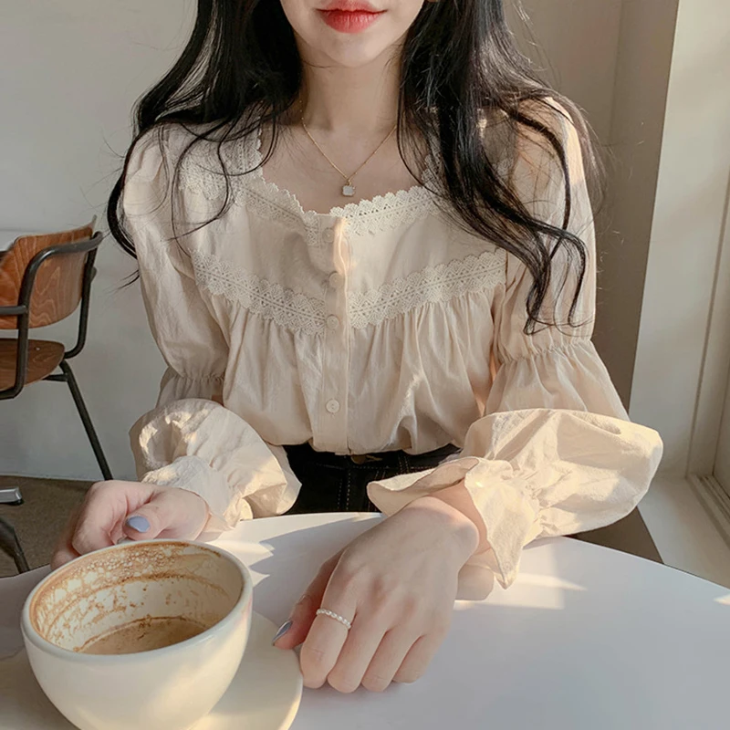 

Vintage Square Collar Long Puff Sleeve Shirts Fashion Casual Solid Color Lace Blouse Tops Women Spring Cardigan Sweet Shirtes