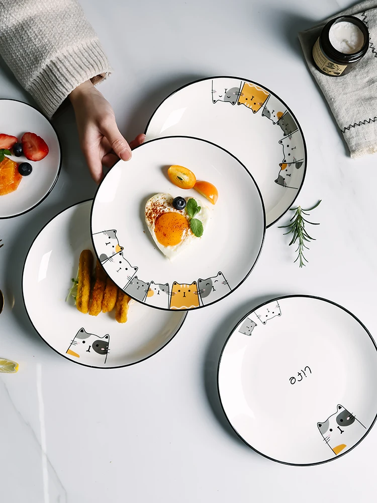 

Плоские обеденные тарелки в скандинавском стиле, круглая креативная фарфоровая тарелка, мультяшная Милая декоративная тарелка, Бытовая По...