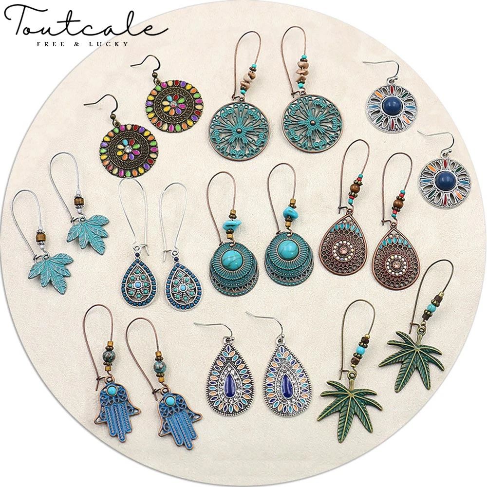 

TOUTCALE Leaf Diamond Inlaid Multiple Vintage Ethnic Boho Dangle Drop Earrings Gifts Women Female Anniversary Wholesale Jewelry