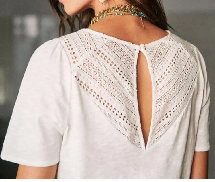 

Women V Neck T-Shirt Lady Hollow Out Shoulder Splicing Short Sleeve Tee Female Casual Tops 2021 Sping Summer