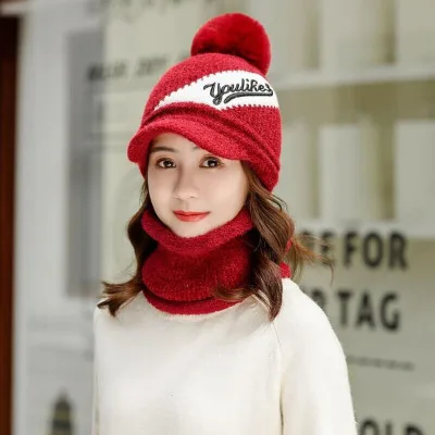 Шапки Skullies, зимняя шапка, комплект, шарф для девочек, шапки Gorras, вязаная шапка, женская теплая шапка, шапки для женщин, шапочки, шапки - Цвет: red