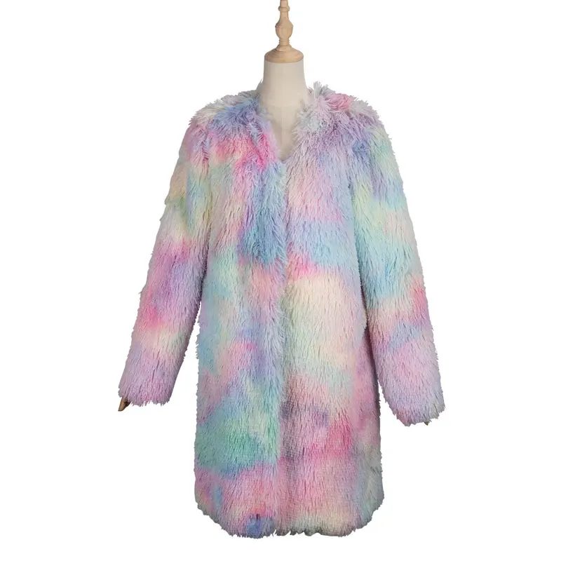 

2020 Autumn Plush Color Tie Dye Long Sleeved Faux Fur Ladies Jacket Fashion Street V Neck Slim Fit Warm Outerwear Coat for Women