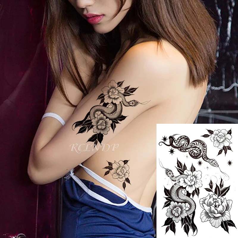 Waterproof Temporary Tattoo Sticker Snakes Flower Star Element Black Fake Tatto Flash Tatoo Arm Leg Body Art for Women Men | Красота и