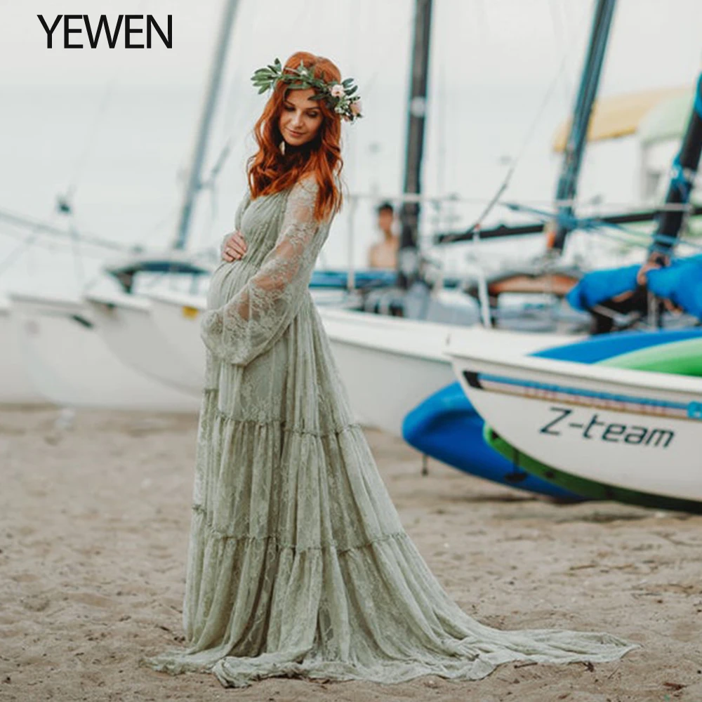 Зеленое кружевное платье Yewendress с открытыми плечами для фотосессии выпускного