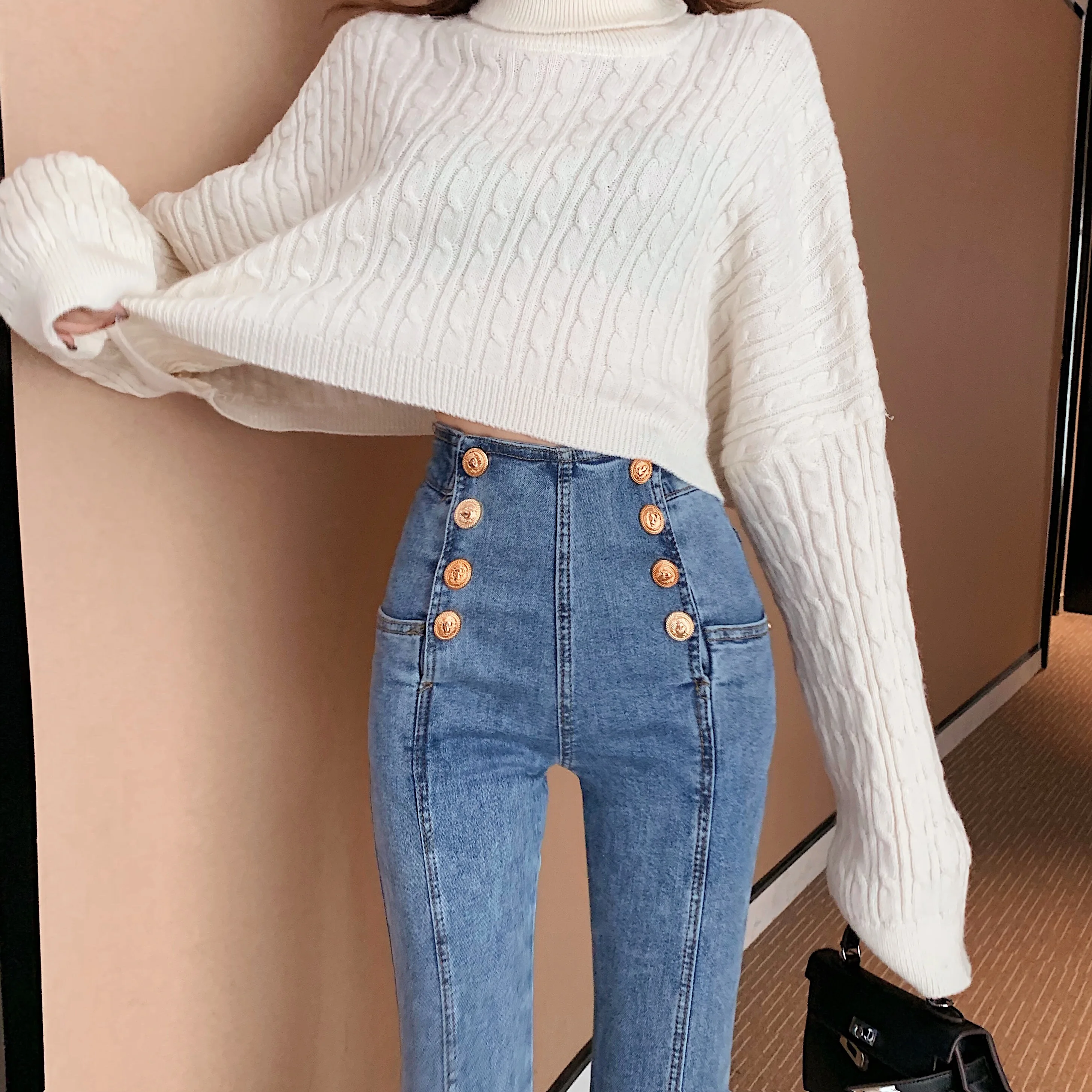 Женские длинные джинсы с высокой талией весна 2020 Новое поступление синие или