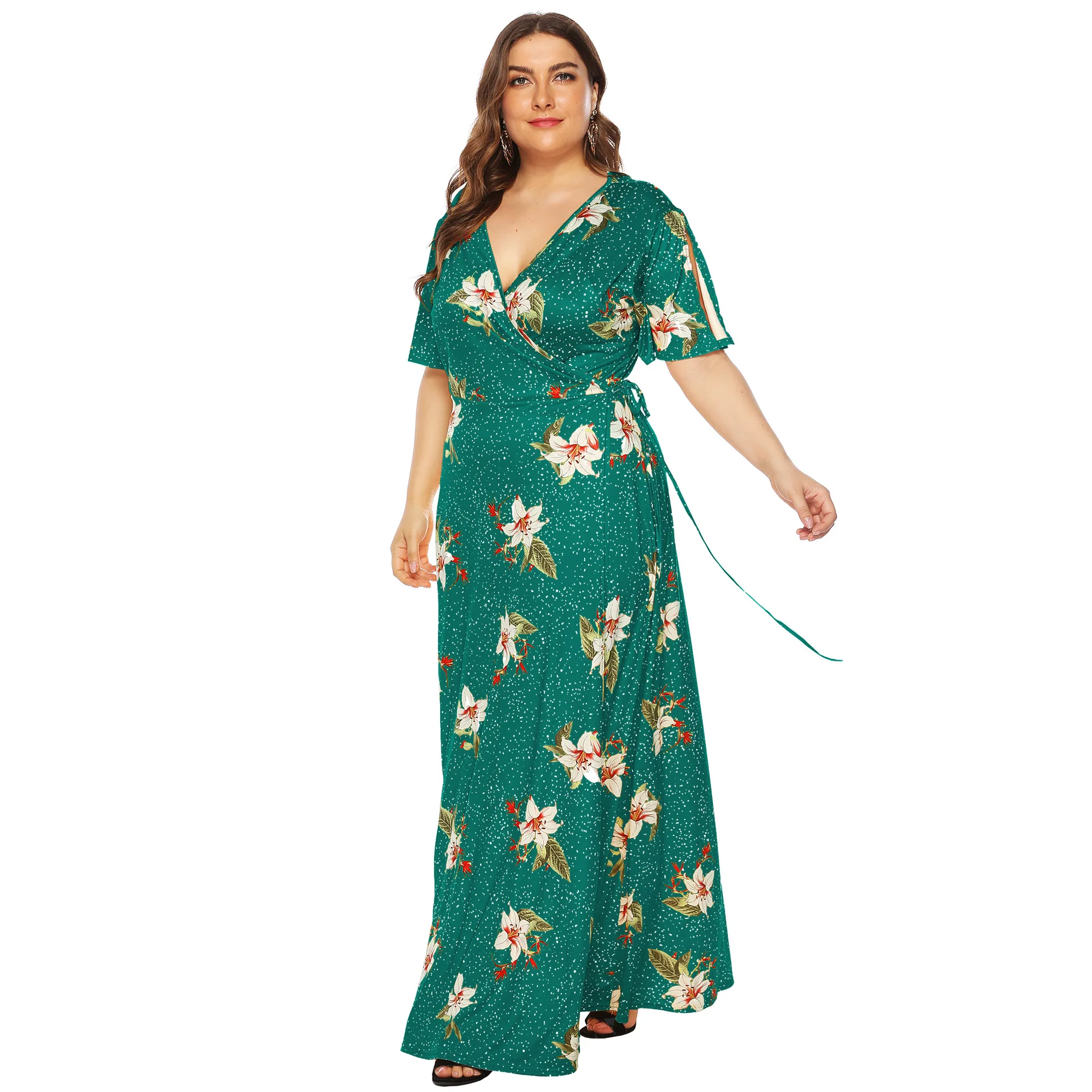 

Elegant Floral Printing Women Dress Plus Size L-5XL Maxi Dress 2021 Summer Bohemian Style V-neck Holidays Casual Dresses