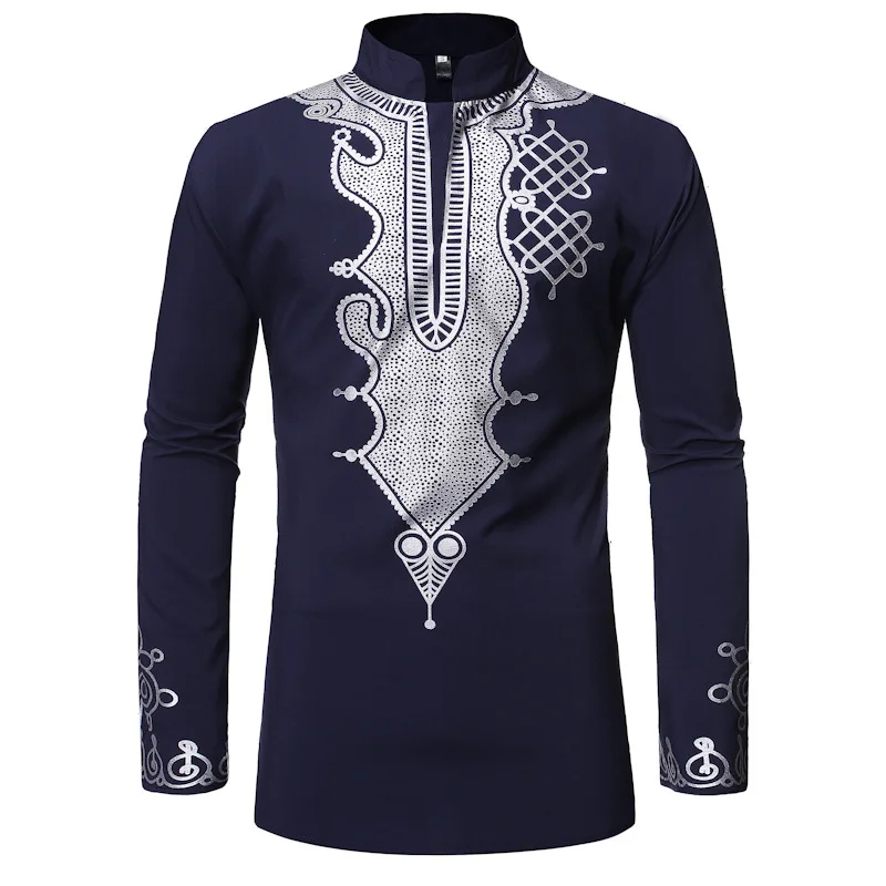 

Mens African Dashiki Print Shirt Long Sleeve Stand Collar Shirts Traditional Ethnic Slim Fit Casual Men African Clothes Chemise