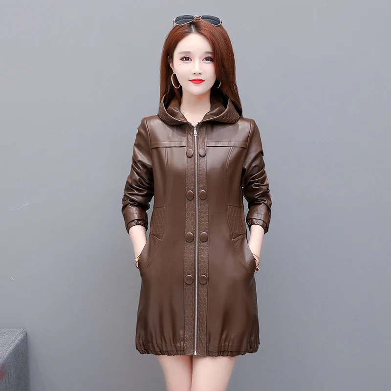 women leather jacket 5XL leather coat spring and autumn outerwear loose Hooded fashion jackets leather female