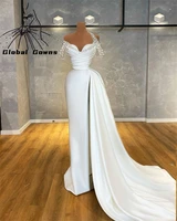 new white off the shoulder wedding dress beaded pearls pleats bridal gown mermaid high slit evening gowns robe de soir%c3%a9e femme