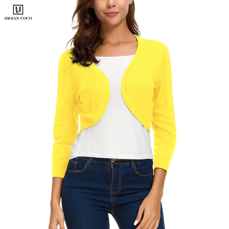 Lemon Yellow Urban CoCo женский свитер, однотонный, Повседневный, на пуговицах, с рукавом 3/4, укороченные, Короткие кардиганы, пальто, кардиган - Цвет: Lemon Yellow