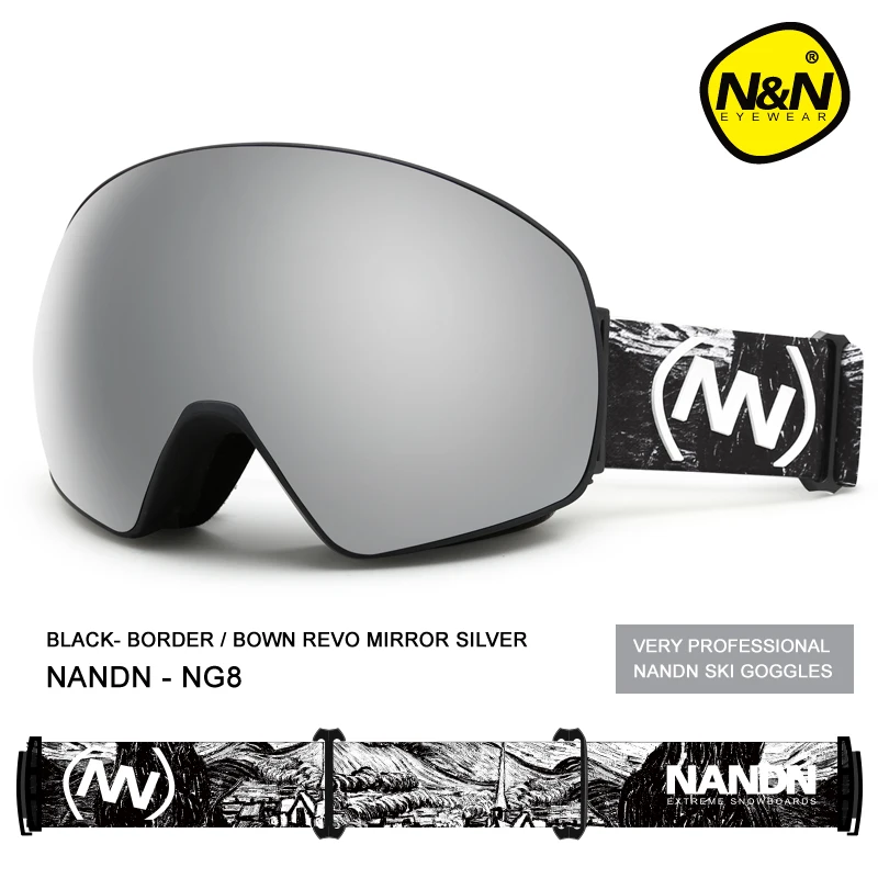 Black frame-Silver NANDN, новинка, лыжные очки, двухслойные, UV400, анти-туман, большая Лыжная маска, очки для катания на лыжах, для мужчин и женщин, очки для сноуборда - Цвет: Black frame-Silver