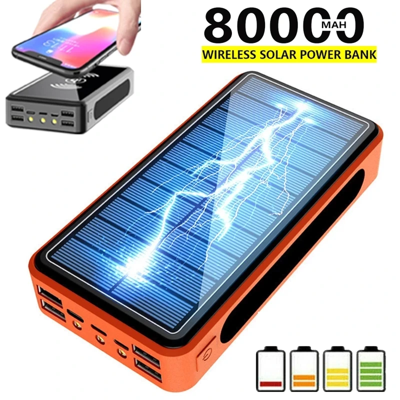 wireless solar portable 80000mah 4usb led power bank external battery poverbank powerbank mobile phone charger for xiaomi iphone free global shipping