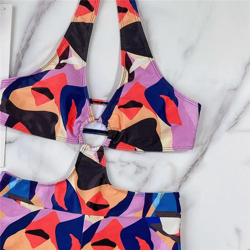 

2021 Summer New Sexy Two Piece Women Solid Color Splicing Print Bikini Swimsuit Swimwear Bra Beach