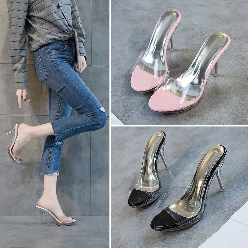 

2021 Summe New Women's Thin High Heels Slippers Peep Toe Transparent Bandage Design Ladies Outdoor Casual Shoes Plus Size 35-43