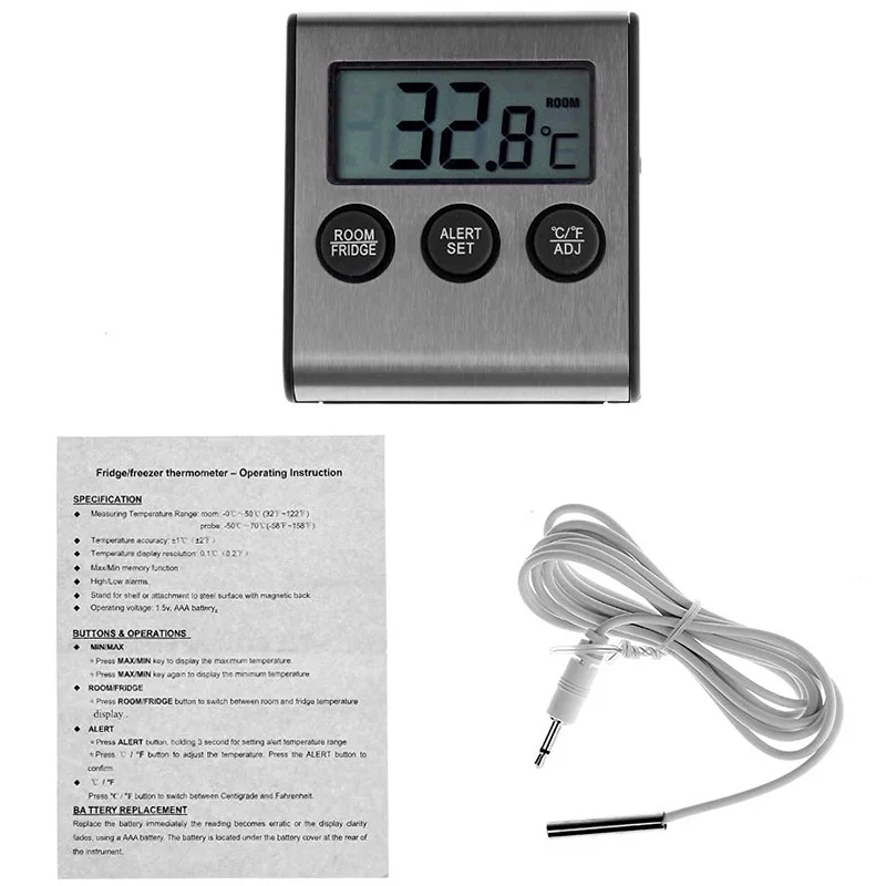 

Electronic kitchen refrigerator thermometer freezer refrigeration high and low temperature alarm metal sensor cold storage tempe