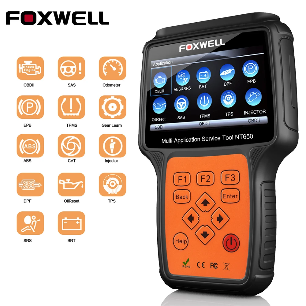 Foxwell NT650 OBD2 автомобильный сканер ABS Airbag SAS EPB DPF TPMS инжектор сброса масла ODB2