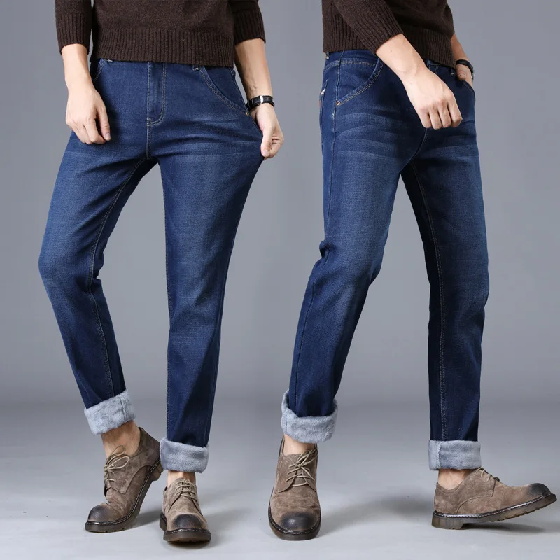 Зимние джинсы мужские теплые из флиса с махровым подкладом 2019 однотонные