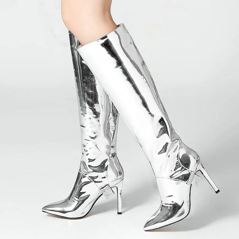 

2020 Silver Gold Fashion Patent Leather Knee High Boots Women Thin Heel Zipper Boots Ladies Pointed Toe Winter Boots