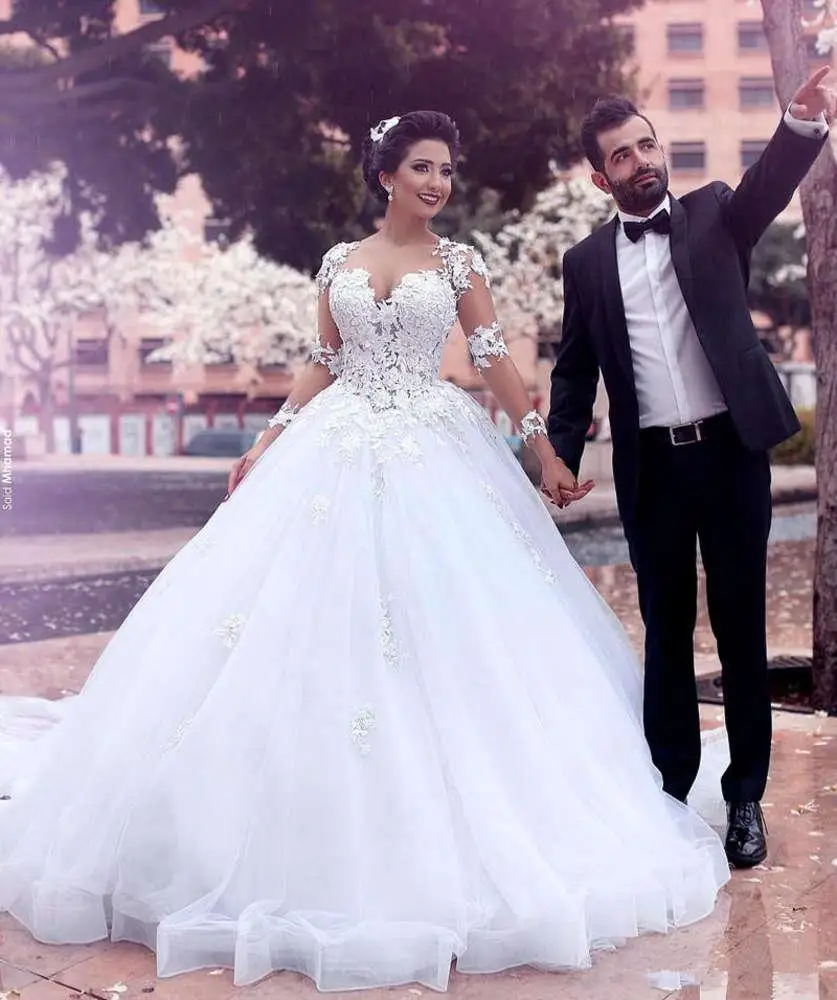 

Long Sleeve Princess Wedding Dresses Vestidos De Noiva Court Train Vintage Style Applique Organza Lace Bridal Gowns Ball Gown